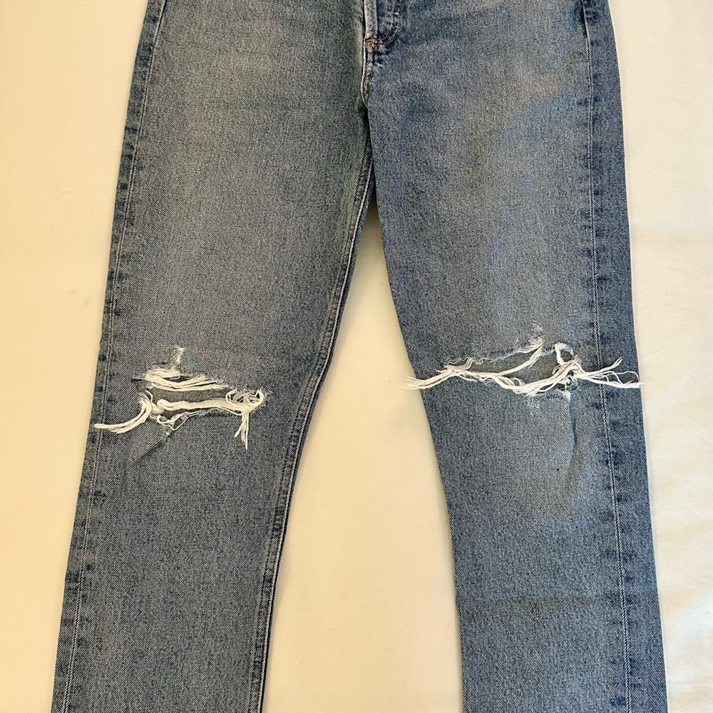 Agolde Blue Straight Leg Distressed Jeans